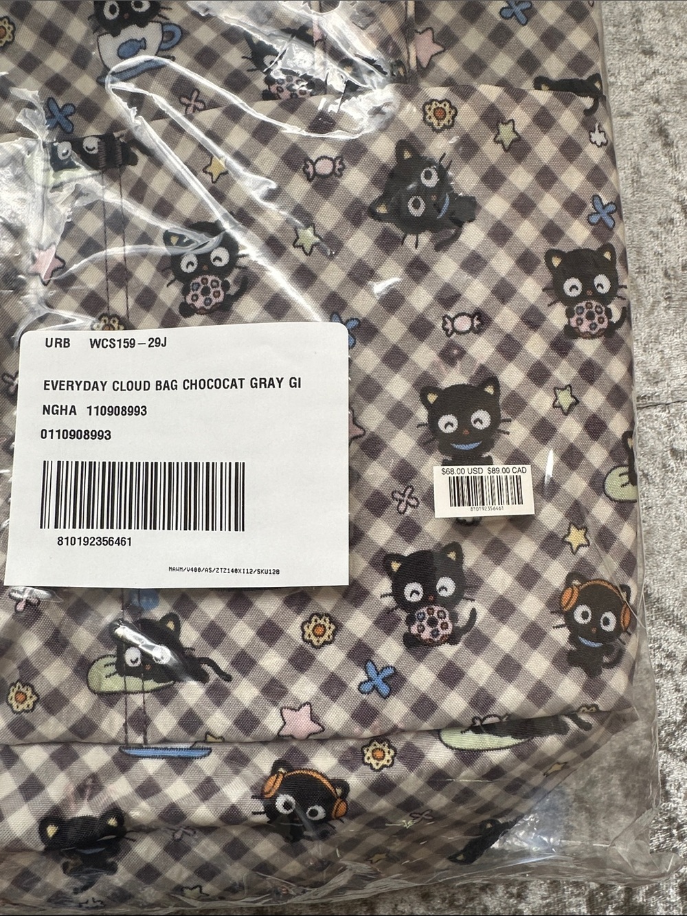 Baggu Everyday Cloud Bag - Chococat Grey Gingham NWT - Picture 4 of 8